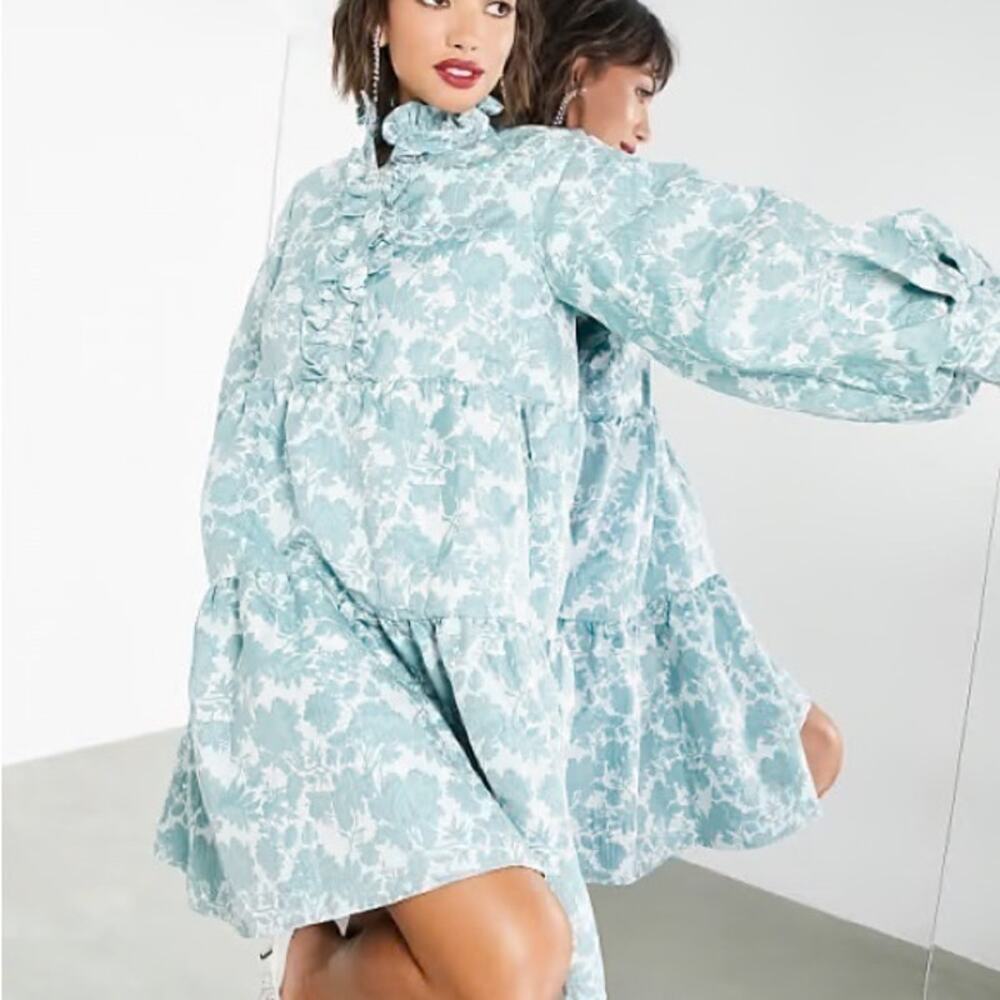 ASOS Antique Blue Floral Jacquard Long Sleeve Tiered Ruffled A-Line Dress Size 6